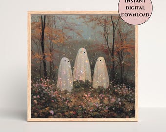 Ghost Trio Print-Sparkly Ghost-Iridescent Ghost Wall Art-Whimsical Pastel Ghosts in Forest-Spooky Cute Halloween Wall Art-Cottagecore