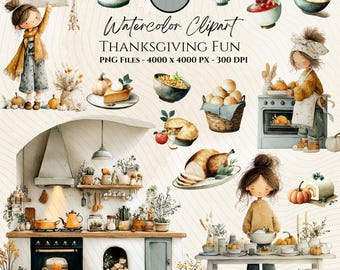 Thanksgiving Hand Drawn Digital Clipart - Set of 17 - Turkey Pilgrim Pumpkin Pie Coffee Cornucopia - Instant Download - Item #9213