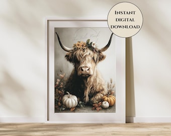 Highland Cow Wall Art-Highland Cow Digital Print-Fall Highland Cow Print-Autumn Highland Cow Wall Art-Farmhouse Decor-Fall Cottagecore
