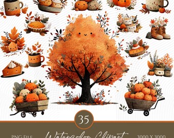 Cute Kawaii Fall Clipart Bundle-Watercolor Cozy Fall PNG-Fall food png-Kawaii pumpkin bundle-Kawaii Halloween-Fall Cottegeore-Autumn Clipart