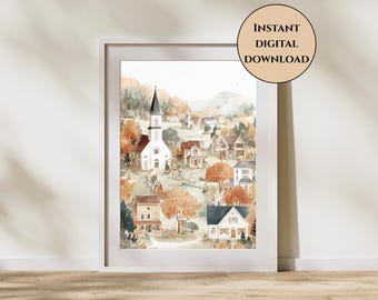 Herbst Stadt Wand Kunst-Herbst Druck-Herbst Wand Kunst-Herbst Dekor-Gemütliche Herbst Dorf Wand Kunst-Bauernhaus Dekor-Saisonale Wohnkultur-Herbst Dorf Druck