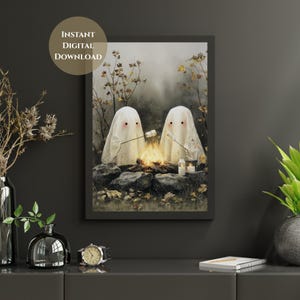 Cute Ghosts Roasting Marshmallows-Vintage Halloween Digital Print-Fall Campfire Wall Art-Vintage Halloween Wall Art-Rustic Ghost-Cottegecore
