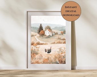 Turkey Wall Art-Thanksgiving Wall Art-Farmhouse Digital Print-Autumn Decor-Thanksgiving Decor-Fall Wall Art-Fall Cottagecore-Farmhouse Decor