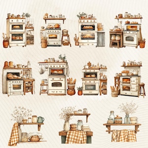 May include: Watercolor illustrations of vintage kitchen scenes featuring ovens, shelves, and baked goods. The images showcase white ovens with multiple compartments, some with bread inside. Shelves are filled with jars, pots, and utensils, creating a cozy, rustic aesthetic.