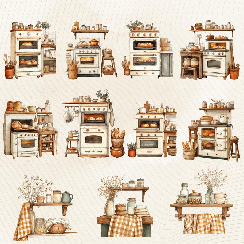 May include: Watercolor illustrations of vintage kitchen scenes featuring ovens, shelves, and baked goods. The images showcase white ovens with multiple compartments, some with bread inside. Shelves are filled with jars, pots, and utensils, creating a cozy, rustic aesthetic.