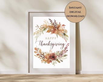 Happy Thanksgiving Wreath Print-Thanksgiving Wall Art-Rustic Fall Floral Wall Art-Autumn Harvest Digital Download-Happy Thanksgiving Print