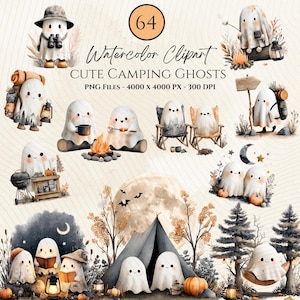 Puede incluir: Clipart de acuarela con lindos fantasmas acampando. La imagen incluye varias ilustraciones de fantasmas amigables participando en actividades de campamento, como asar malvaviscos, leer y sentarse junto a una fogata. Los fantasmas están representados en un estilo caprichoso y de dibujos animados.