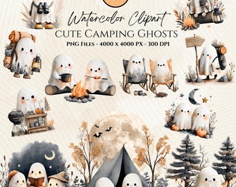 Ghosts Camping Clipart Bundle-Halloween Campfire PNG-Tent & Forest Digital Download-Kawaii Halloween Ghosts Clipart-Spooky Cute Ghosts