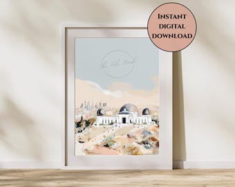Los Angeles Griffith Observatory Print-LA Cityscape Wall Art-California Travel Artwork-Pastel Urban Landscape-Los Angeles Wall Art