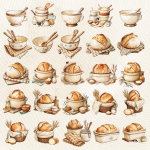 May include: Watercolor illustration of various bread-making tools and baked loaves. The image features bowls, spoons, and bread in baskets and pots. The color palette is warm, with beige, brown, and white tones, evoking a rustic, home-baked aesthetic.