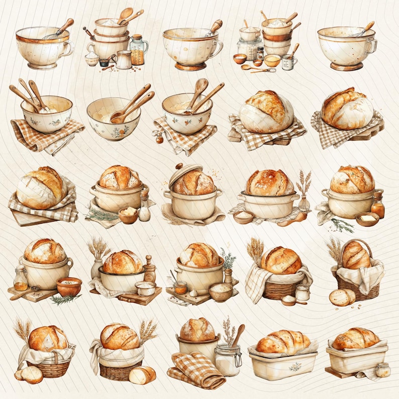 May include: Watercolor illustration of various bread-making tools and baked loaves. The image features bowls, spoons, and bread in baskets and pots. The color palette is warm, with beige, brown, and white tones, evoking a rustic, home-baked aesthetic.