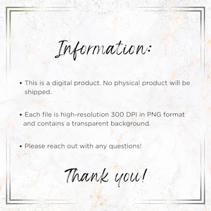 May include: A digital product information graphic with a marble-like background and a silver frame. The text reads "Information:" followed by details about the digital product, including its format and that no physical product will be shipped. The graphic ends with "Thank you!"