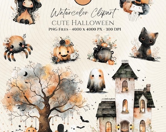 Watercolor Halloween Clipart-Cute Halloween Clipart-Halloween Clipart-Spooky Cute Halloween-Adorable Halloween PNG-Haunted House Clipart
