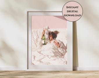 Wine in Bed Print-Cozy Night in Print-Woman Drinking Wine in Bed Print-Relaxing Evening Wall Art-Trendy Room Decor-Feminist Wall Art