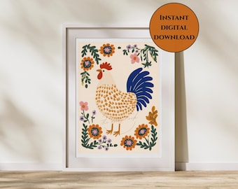 Floral Chicken Print-Farmhouse Chicken Wall Art-Country Kitchen Decor-Rustic Farm Animal Illustration-Floral Farmhouse Print-Farmhouse Decor