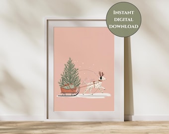 Weihnachten Hund Wand Kunst-Hund zieht Schlitten Print-Süße Weihnachtshund Druck-Pastell Urlaub Wand Kunst-Rosa Weihnacht Dekor-Kinder Weihnachtsdeko