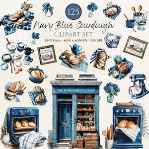 May include: A watercolor clipart set titled "Navy Blue Sourdough" featuring various baked goods, kitchen tools, and a bakery storefront. The set includes images of bread, butter, and a stand mixer. The text "The Sourdough Cottage" is visible.