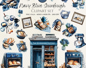 Paquete de imágenes prediseñadas de masa madre - Imágenes prediseñadas de masa madre azul marino - Ilustraciones de panadería de masa madre - Imágenes prediseñadas rústicas de masa madre - Pan artesanal - Herramientas para hornear