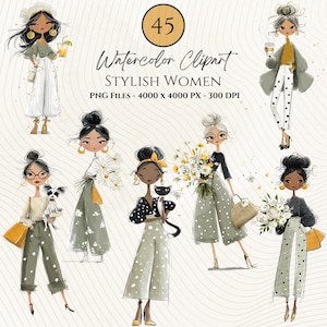 May include: A watercolour clipart image showing illustrations of stylish women in various poses. The women are depicted in fashionable outfits, holding flowers, drinks, and pets. The image includes the text "45 Watercolor Clipart Stylish Women".