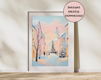Pastel Snowy Street Print-Snowy Town Print-Winter Town Print-Pastel Winter Town Wall Art-Pink Christmas Decor-Pastel Holiday Wall Art