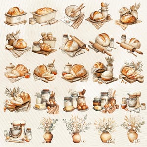 May include: Watercolor illustration of various baked goods, including loaves of bread, rolls, and bread in baking pans. Also includes jars of ingredients, rolling pins, and a stand mixer. The color palette is warm, with beige, brown, and cream tones.
