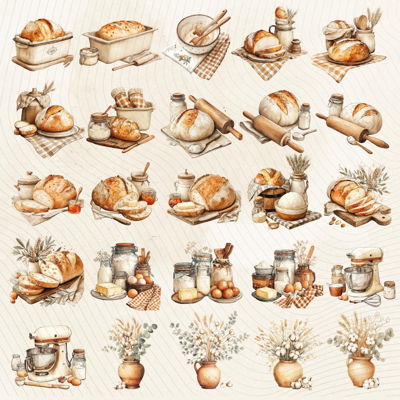 May include: Watercolor illustration of various baked goods, including loaves of bread, rolls, and bread in baking pans. Also includes jars of ingredients, rolling pins, and a stand mixer. The color palette is warm, with beige, brown, and cream tones.