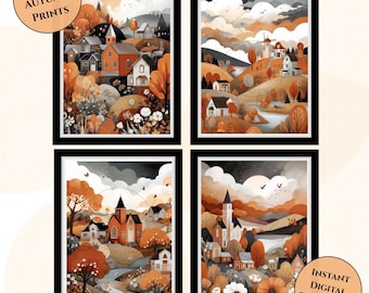 Fall Town Scene Prints-Set of 4 Wall Art Bundle-Autumn Cityscape Wall Art Collection-Abstract Wall Art-Fall Town Prints-Autumn Decor