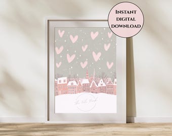 Valentinstag Dorf Druck-Pastell Rosa Häuser Wand Kunst-Romantische Winter Stadt Illustration-Liebe Dekor-Valentinstag Geschenk-Winter Stadt Druck