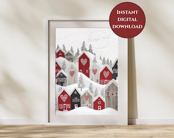 Valentines Day Print-Valentines Village Print-Winter Village Print-Snowy Village Wall Art-Valentines Decor-Valentines Day Gift-Romantic Art