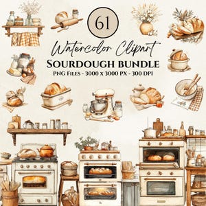 Rustic Watercolor Sourdough Clipart Set | Artisan Bread, Baking Tools, Mixers, Bowls & Oven Illustrations | Cottagecore | Baking Graphic