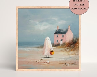 Pastel Ghost Beach Print-Whimsical Coastal Halloween Digital Wall Art-Pastel Seashells Print-Seaside House Print-Spooky Cute Pastel Decor