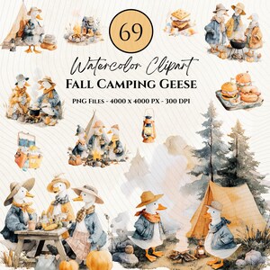 Puede incluir: Clipart de acuarela con gansos acampando en otoño. La imagen incluye ilustraciones de gansos con sombreros y chaquetas, equipo de campamento, fogatas y comida. El texto dice "Watercolor Clipart FALL CAMPING GEESE".
