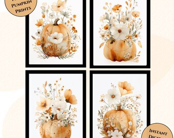 Pumpkin Wall Art-Floral Pumpkin Wall Art-Thanksgiving Digital Print-Thanksgiving Decor-Farmhouse Decor-Autumn Botanical Print-Gallery Wall