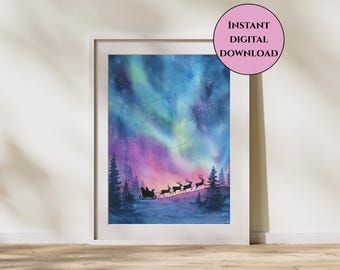 Santa and Sleigh Print-Santa's Reindeer Print-Reindeer Wall Art-Northern Lights Wall Art-Christmas Northern Lights Print-Santa Claus Print