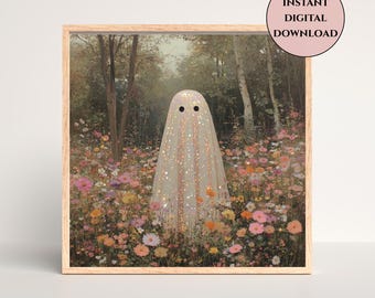 Iridescent Ghost Print-Sparkly Ghost-Preppy Ghost-Whimsical Forest Wall Art-Spooky Cute Halloween Wall Art-Cottagecore-Pastel Halloween