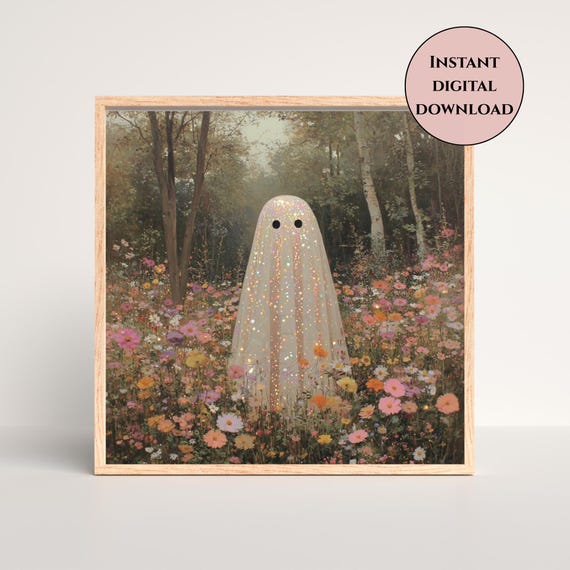 Iridescent Ghost Print-Sparkly Ghost-Preppy Ghost-Whimsical Forest Wall Art-Spooky Cute Halloween Wall Art-Cottagecore-Pastel Halloween