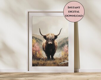 Highland Cow Print-Pastel Fall Wall Art-Rustic Farmhouse Autumn Decor-Farmhouse Decor-Farmhouse Wall Art-Cottagecore Decor-Cow Wall Art