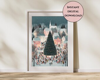 Christmas Village Print-Pastel Christmas Print-Christmas Gathering Art-Cozy Winter Town Print-Festive Holiday Decor-Christmas Wall Art