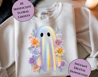 Fantôme irisé Clipart-Girly Halloween Png-Preppy Ghost Tee-Ghost Tee-Kawaii Halloween-Pastel Halloween Design-10 fleurs irisées fantômes