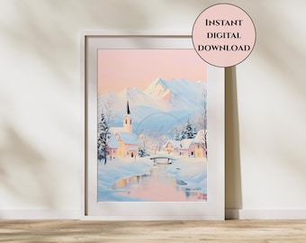 Pastell verschneites Dorf Druck-Pastel Winterdorf Druck-Winterdorf Wand Kunst-Verschneites Dorf Druck-Winter Wunderland Druck-Urlaub Dekor