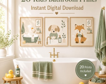Kinder Badezimmer Wand Kunst Set-Tier Badezimmer Drucke-Kinder Badezimmer Dekor-Tier Badezimmer Wand Kunst Bundle-Süße Tier Badezimmer Wandkunst