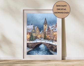 Winter Holiday Print-Snowy Town Print-Winter Christmas Village Wall Art-Snowy Christmas Town Print-Cozy Winter Print-Christmas Wall Art