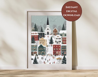 Snowy Village Print-Christmas Town Print-Vintage Snowy Town Wall Art-Cozy Winter Street Scene-Christmas Home Decor-Retro Holiday Wall Art
