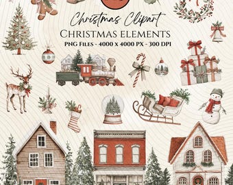 May include: Watercolor Christmas clipart featuring festive elements like a decorated tree, gingerbread man, reindeer, houses, and gifts. The image includes a train, candy cane, and a snowman, all in a vintage style.