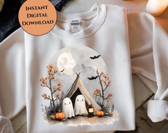 Cute Ghosts Camping PNG Clipart-Kawaii Halloween-Tent Scene-Spooky Cute Ghost Camping-Digital Download for Stickers & Crafts-Cottagecore