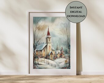 Dorfkirche Druck-Landkirche Druck-Weihnachtskirche Druck-Verschneite Winter Kirche Wand Kunst-Urlaub Bauernhaus Dekor-Weihnachten Wand Kunst