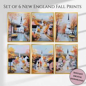 Peut inclure: Ensemble de 6 impressions d'automne de la Nouvelle-Angleterre. Chaque impression présente une charmante scène de ville automnale avec une église, des arbres colorés et des voitures anciennes. Les impressions sont encadrées en or et sont disponibles en téléchargement numérique instantané.