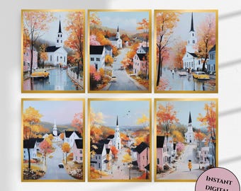 New England Fall Prints-Pastel Autumn Wall Art-Farmhouse Decor-Fall Landscape Digital Download-Fall Gallery Wall Art-Autumn Decor-Fall Decor