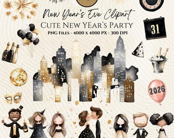 New Year’s Eve Clipart Set-New Year's Eve PNGs-Gold and Black New Years Eve Clipart-New Year Celebrations Graphics-Holiday Clipart