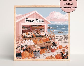 Farm Fresh Pumpkins Digital Print-Coastal Farm Stand Wall Art-Rustic Pastel Autumn Harvest-Fall Cottagecore-Fall Coast-Preppy Room Decor